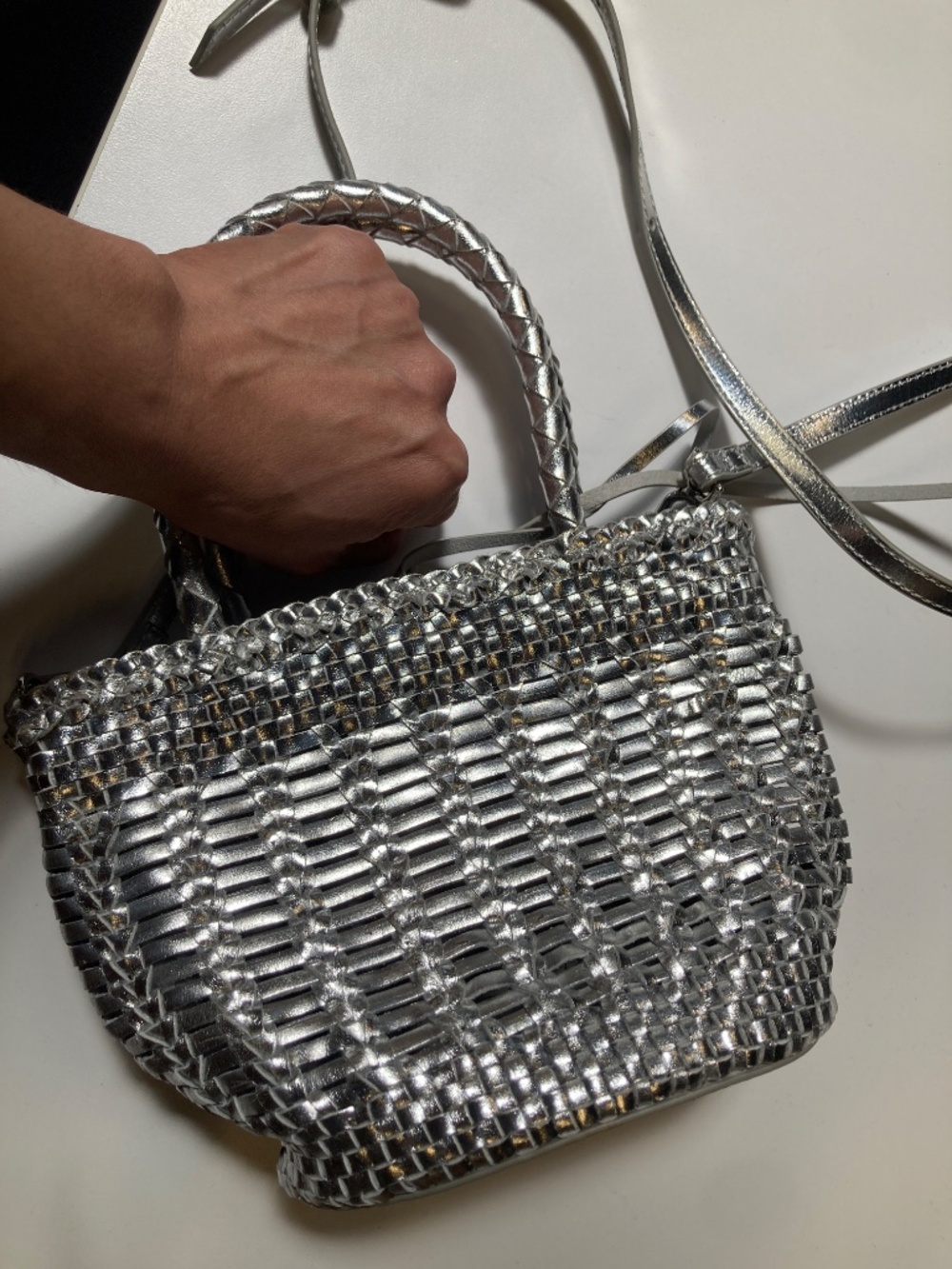 Like new genuine leather jcrew silver woven leather bucket crossbody bag - Picture 8 of 8